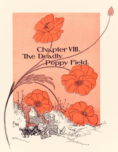 Chapter VIII The Deadly Poppy Field, chapter opener from The Wonderful Wizard of Oz by L. Frank Baum by William Wallace Denslow